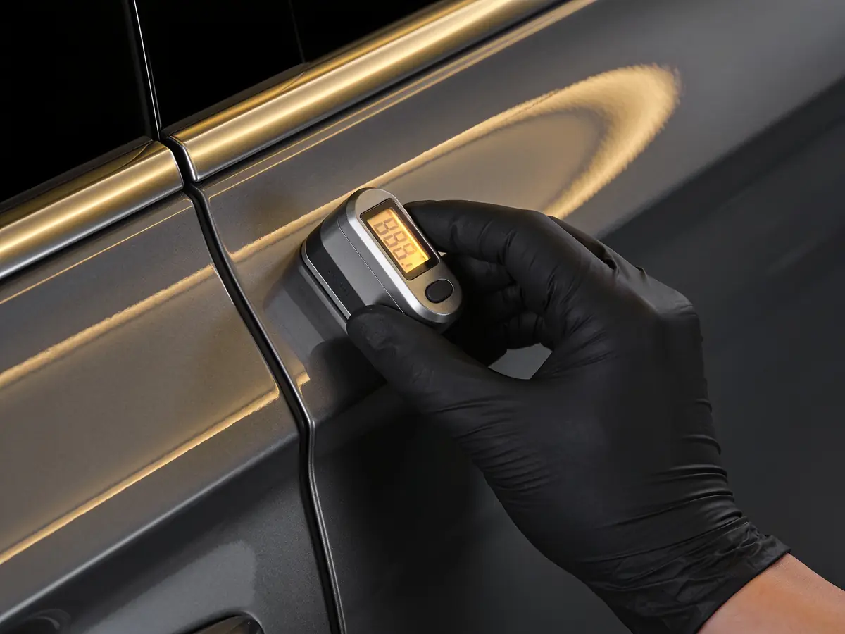 Hand im Schutzhandschuh setzt ein Lackschichtdicken-Messgerät an eine Fahrzeugtür